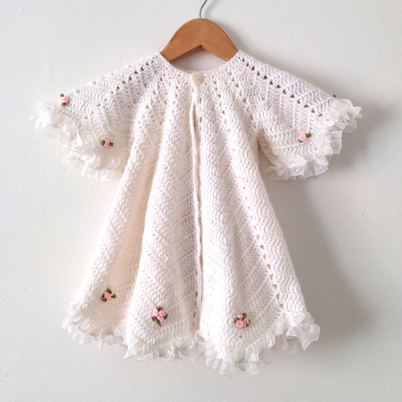 Hand Crafted Other - Handmade Vtg Crocheted Knitted Baby Girl Cardigan Dress Ruffles & Floral White